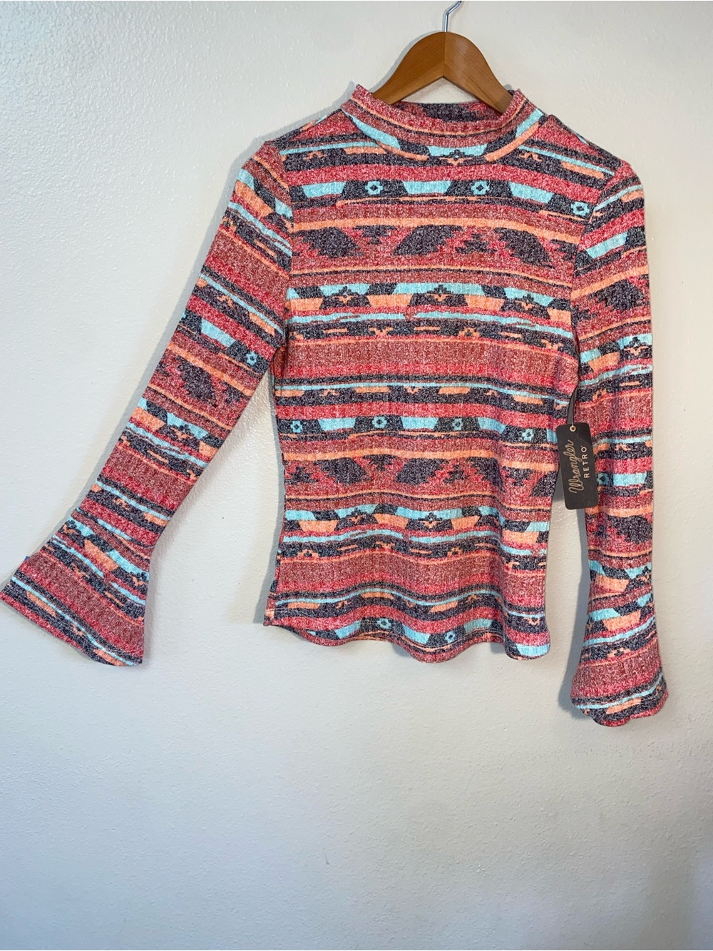 NWT Wrangler Retro Aztec Geo Bell Sleeve Mock Neck Top Small